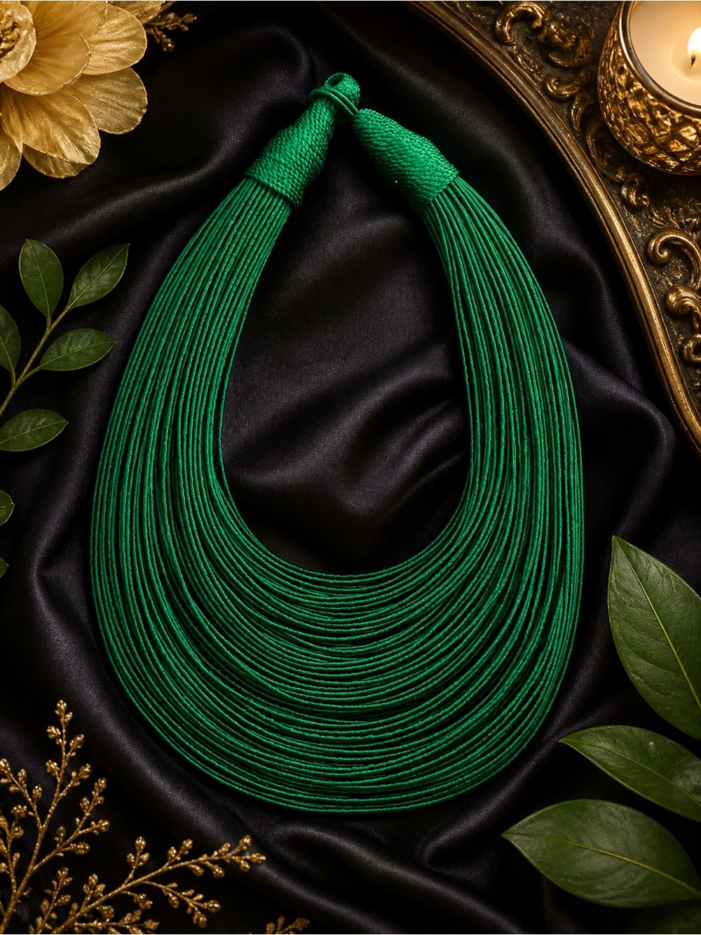 Boho Luxe India Silk Thread Multi-Strand Statement Bib Necklace in Kelly Green